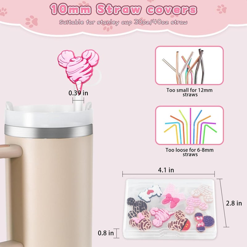 yomanta 9PCS Straw Covers for Stanley Cup Tumbler 30 oz / 40 oz Leak Proof Straw Toppers 10mm Silicone Cute Caps for Stanley Cup Accessories-Pink Mice-9pcs - Image 3